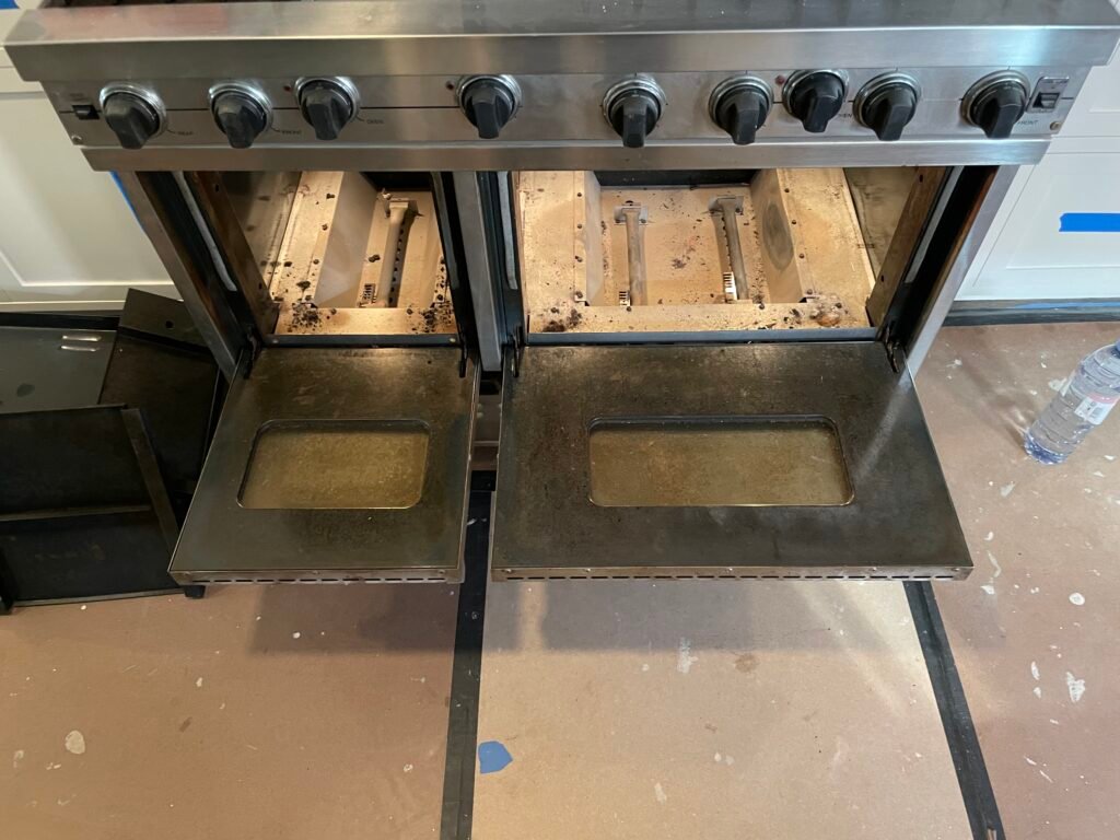 Side‑by‑side comparison of a Viking Professional Cooking Range before professional deep cleaning by OvenPal, showing grease, grime, and residue on both doors and glass.